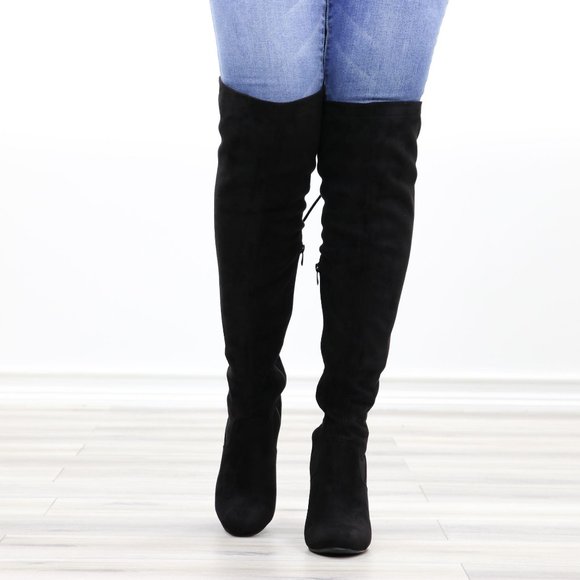 Black Over The Knee Heeled Boots Thigh High Suede With Lace Up Back - Picture 12 of 14
